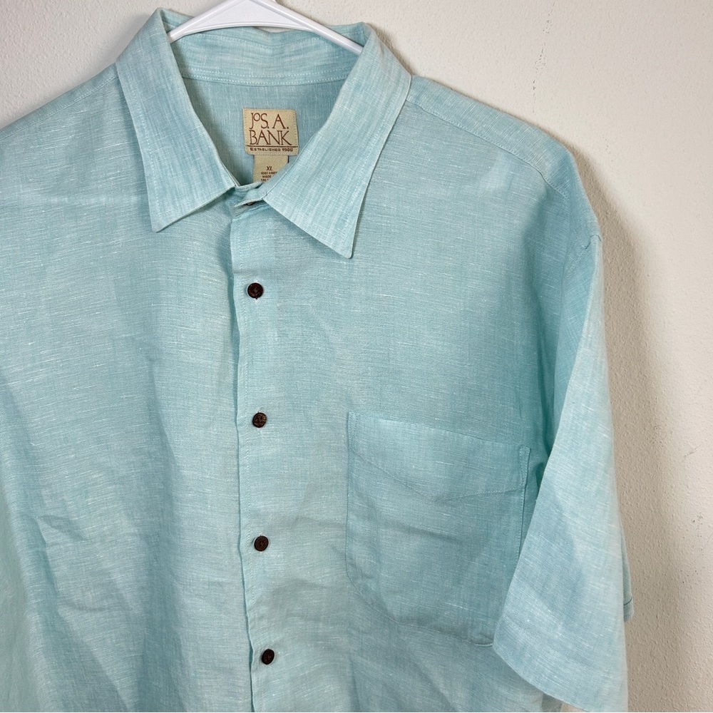 Jos A Bank Mens Shirt XL Teal Button Up Short Sleeve 100% Linen